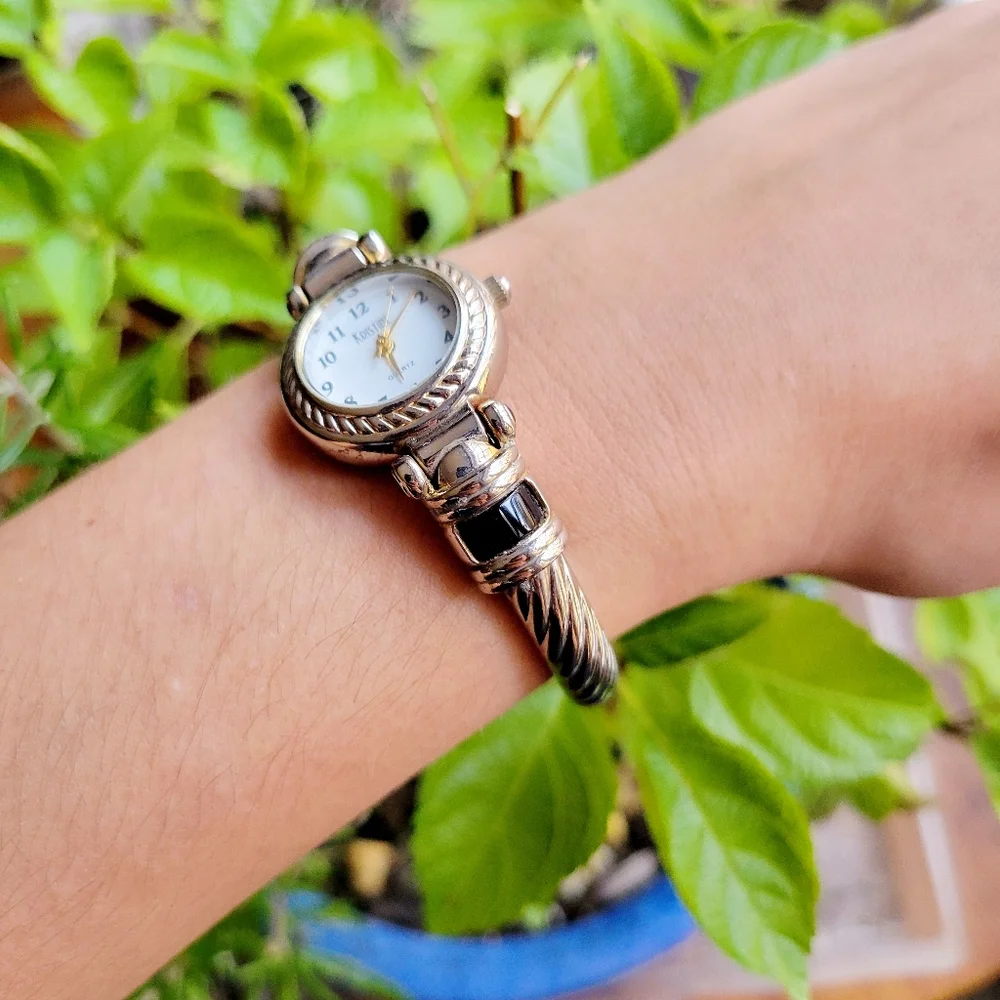 Classic Kristine Round Analog Silver Black & Gold Twist Cuff Watch